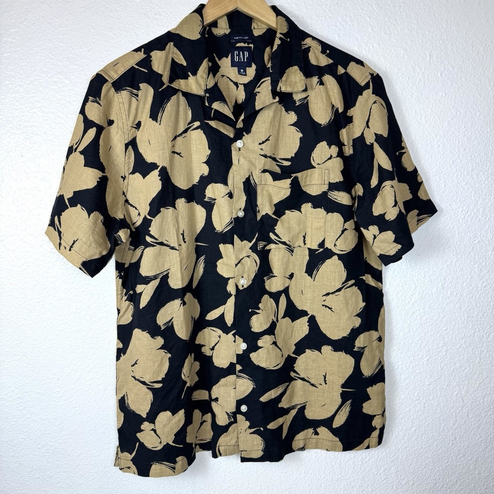 Gap Linen Cotton Vacay Shirt Mens Medium Black Tan Floral Short Sleeve Button Up
